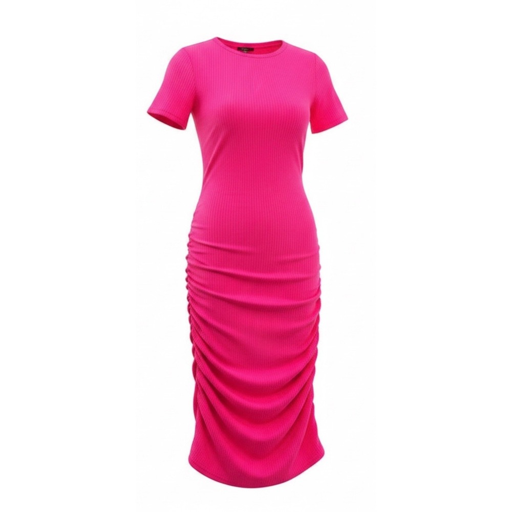 Love Hot Pink Ruched Side Ribbed Bodycon‎ Midi Dress Womens Small Short Sleeve